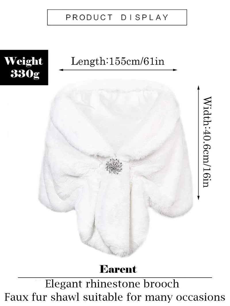 EARENT Women's Faux Fur Shawls and Wraps Bride Wedding Sleeveless 1920s Fur Scarfs Bridal Fur Stoles with Brooch Winter Fur Caplet for Brides and Bridesmaids (White) - Image 2